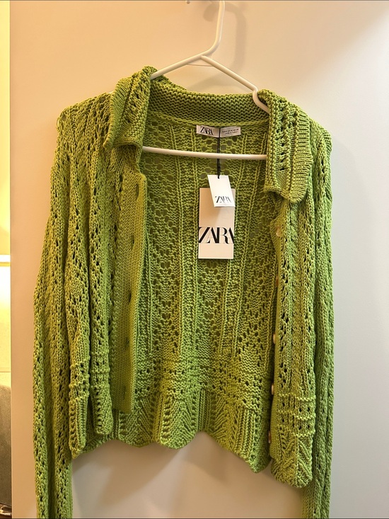 Zara Sweaters - Zara Lime Green Open-Knit Collared Cardigan